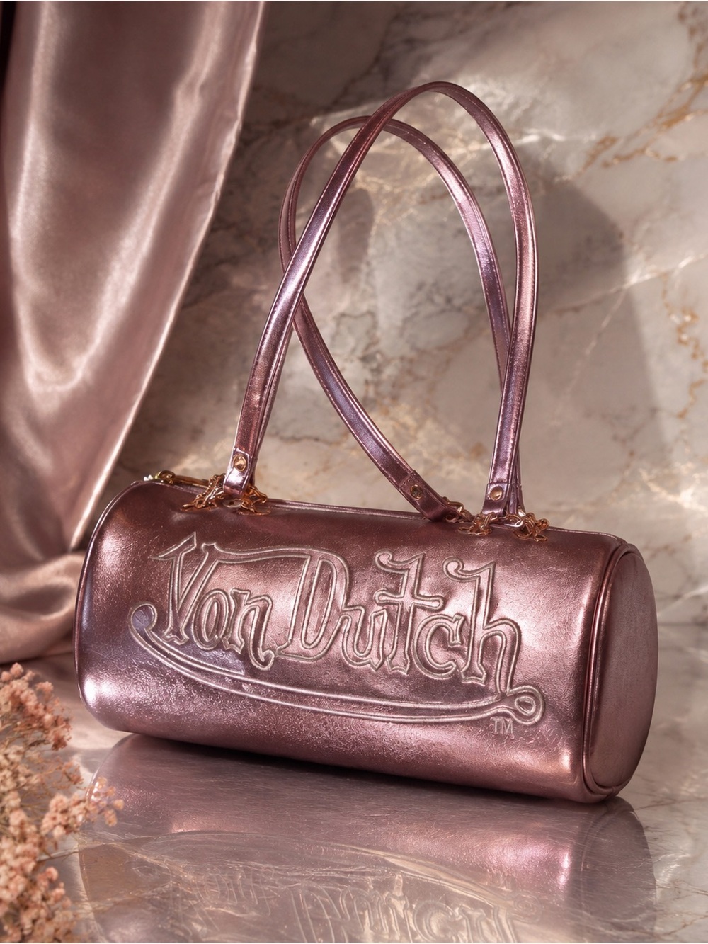 Von Dutch Metallic Rose Barrel Shoulder Bag